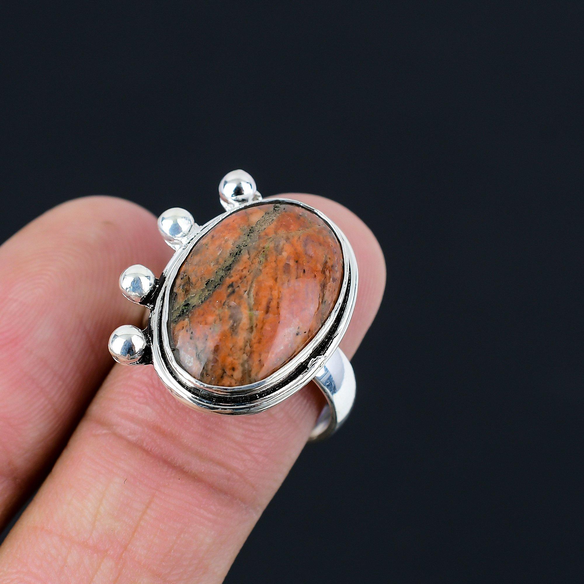 Oval Natural Unakite Sterling Silver Promise Multi Stone Mother Boho Ring US 9 9