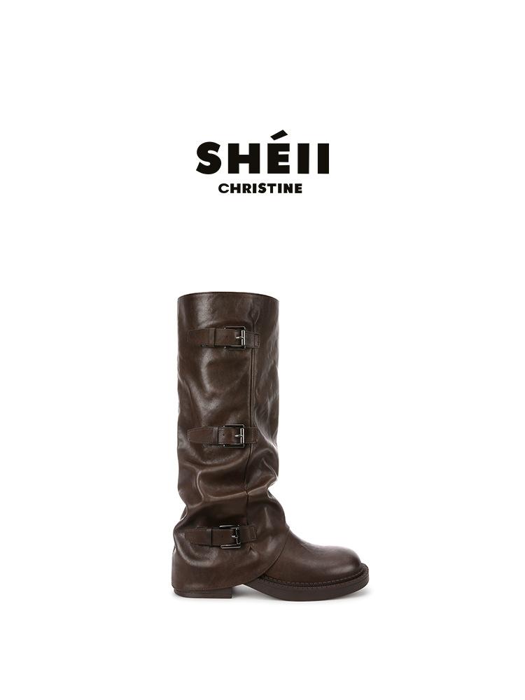 Su Yinyin has the same round head versatile Spice Girl trouser tube boots, thick sole heightening belt mouth, medium tube, western boots, stacked sh