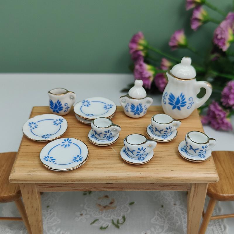 15Pcs Desk Top Mini Doll House Accessories Ceramic 7 Styles China Tea Cup Pocket Tea Set For Dollhouse Decor Kids Pretend Play