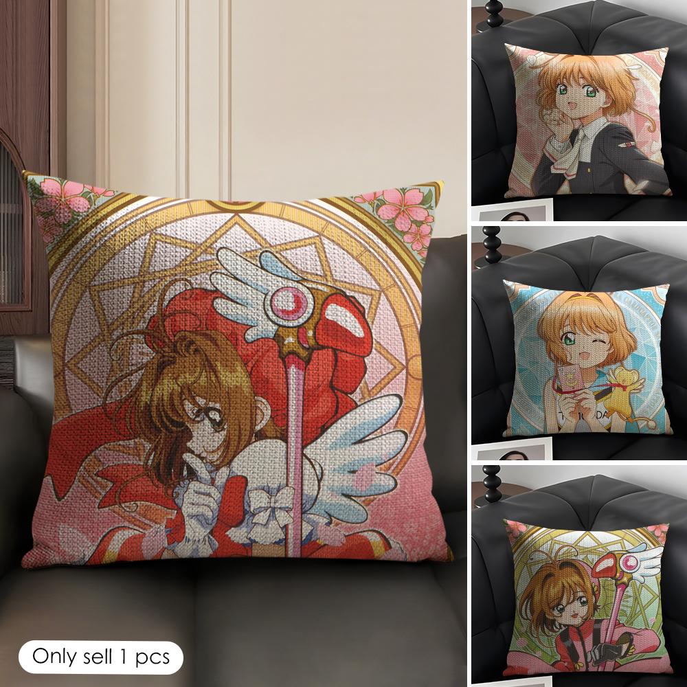 Anime C-Cardcaptor S-Sakura Pink Cushion Cover Natural Linen Organic Fabric Double-Sided Printing Sofa Home Decor Pillow Case