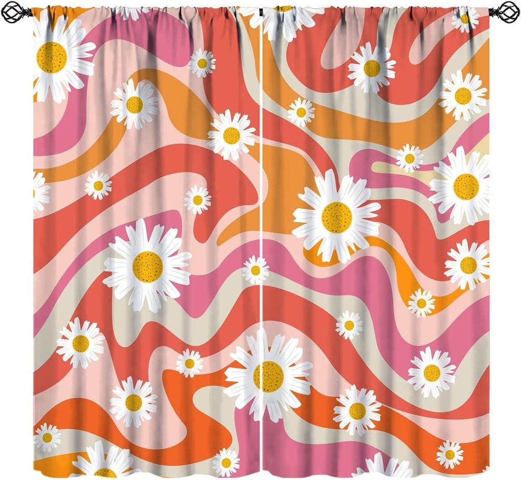 Pink Orange Flower Curtains Girls Bedroom Retro Hippie Groovy Daisy Floral Print Window Treatments Kids Curtain Polyester Ideal For