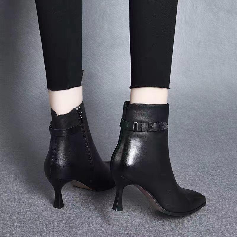 Dámské kotníkové boty na vysokém podpatku z pravé kůže, podzimní zimní plyšové, měkká podrážka protiskluzová jehla, špičatá špička módní.