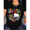 Women Autism Puzzle Print T-Shirt Round Neck Short Sleeve All-Season Casual Fashion Top