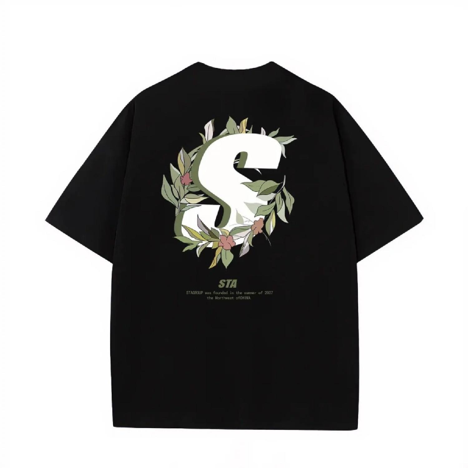

New Flower Short Sleeve Men and Women Spring Summer American Street Fashion Brand Heavy Cotton Couple Big Size Loose XXXXXL чорний
