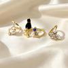 Korean Style Gemstone Cat Pearl Nail Art Ring Set - 4 Pieces
