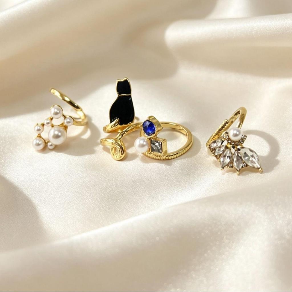 Korean Style Gemstone Cat Pearl Nail Art Ring Set - 4 Pieces