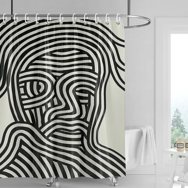 Abstract top line art waterproof shower curtain-black and white modern bathroom decorative shower curtain 180x180cm