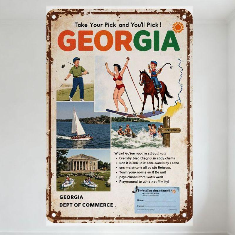 

Vintage Georgia Tourism Metal Sign Rustic Aged Metal Wall Decor with Golf Water Skiing Sailboat Kayaking Scenes, Retro Travel Ad 20x30cm（7.8x11.8inch）
