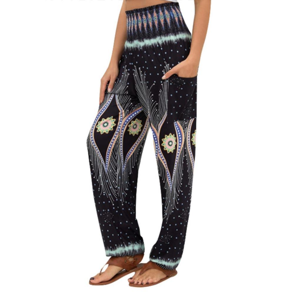 Women's Casual Flare Pants with Striped Digital Print – Trendy Boho Style
