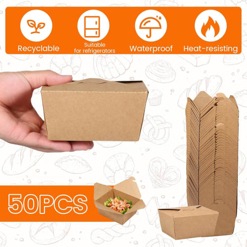 Set of 50 Kraft Paper Disposable Takeout Containers, Food Packs, Lunch Boxes, Disposable Bento Boxes, Snack Boxes, Square, Water and Oil Resistant, Bi