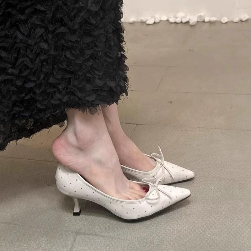 Fashion New Pointed Irregular Suspended Heel Shallow Mouth Single Shoe Butterfly Bow Mesh High Heels Temperament Imperial Style Tacones