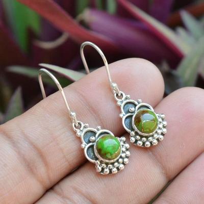 Green Copper Turquoise Round Gemstone Earring, Handmade Designer Earring, 925 Sterling Silver, Gift For Her, Silver Charm Jewelry