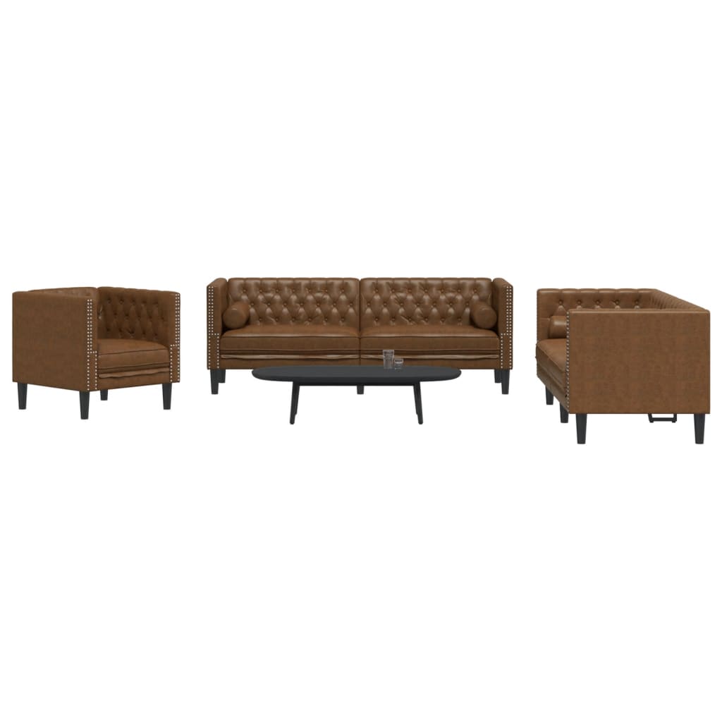 3 Piece Chesterfield Sofa Set In Brown Faux Leather with Suede Like Texture