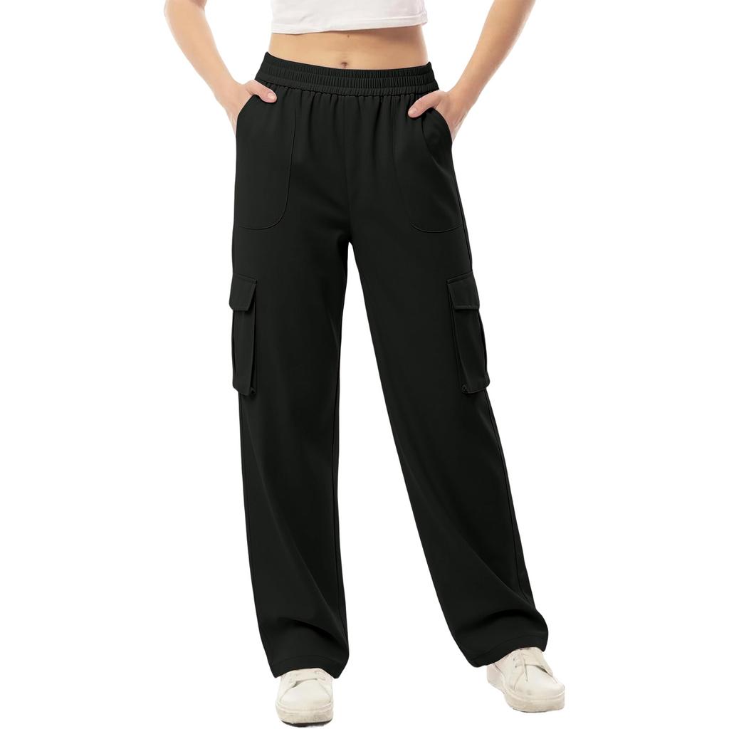Women's Color Elastic Waist Cargo Pants with Pockets Casual Work Trousers