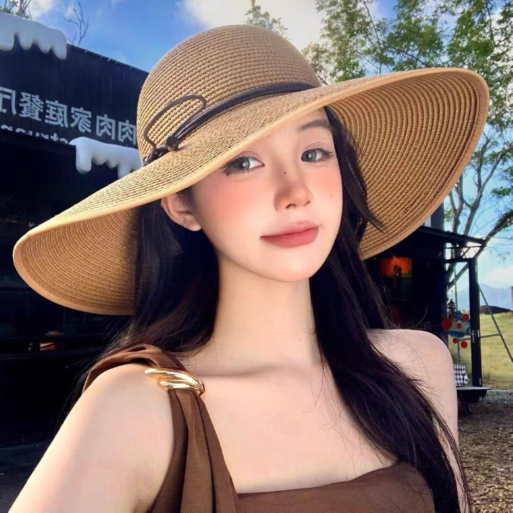 New Wide Brim Straw Hat Foldable Uv Protection Panama Cap Bowknot Strap Sun Hat Ladies Women