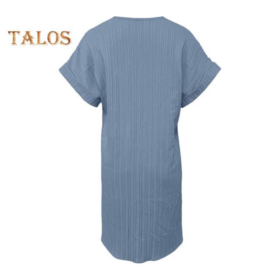 Summer Mini Dress Short Sleeves V Neck Loose Pure Color Dress Bohemian Buttons Casual Dress for Beach Vacation Daily Wear