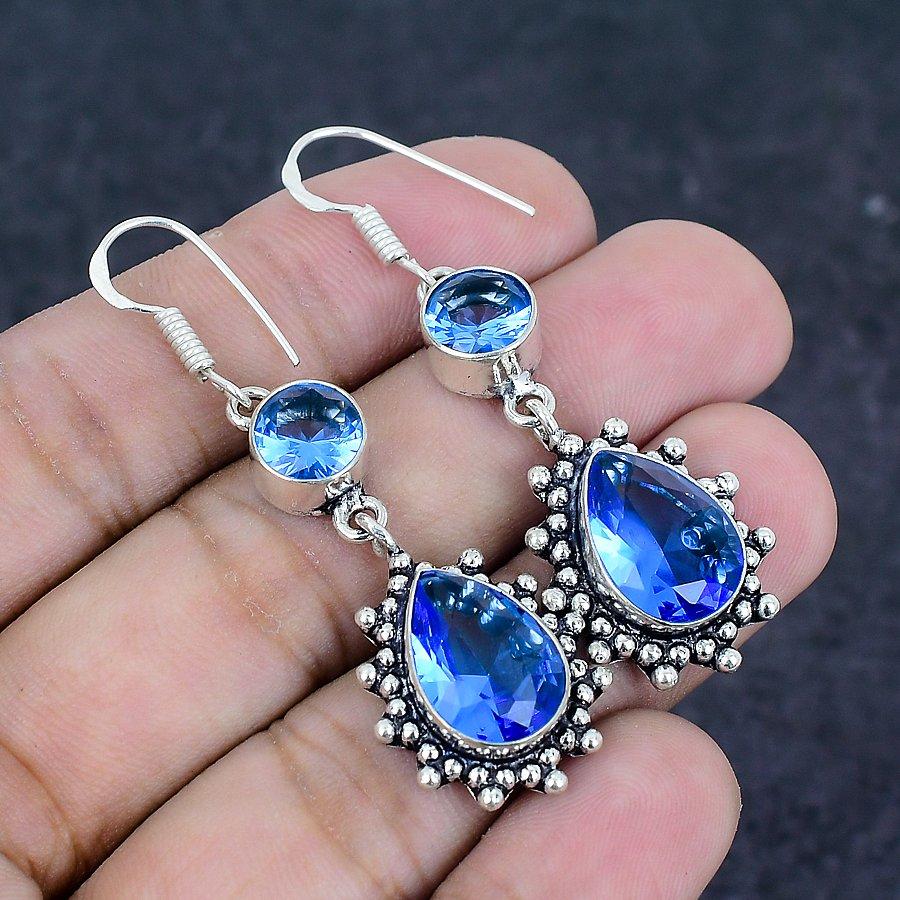 Natural Swiss Blue Topaz Gemstone 925 Sterling Silver Earring 2.17" G3L99
