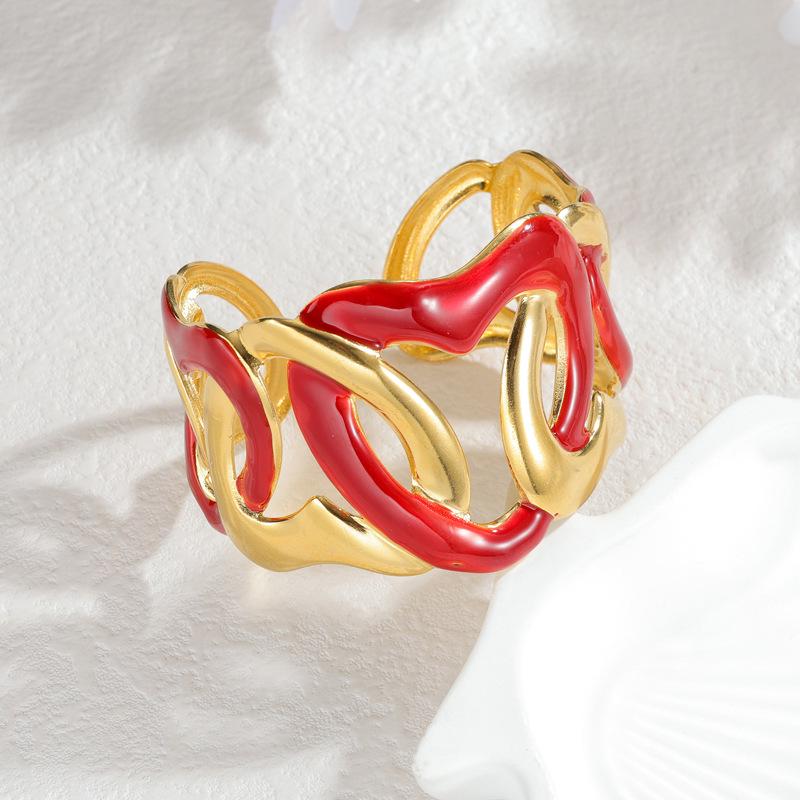 Retro 18k Gold Offener Herz Armreif: Rotes Drip Oil Hohl Edelstahl