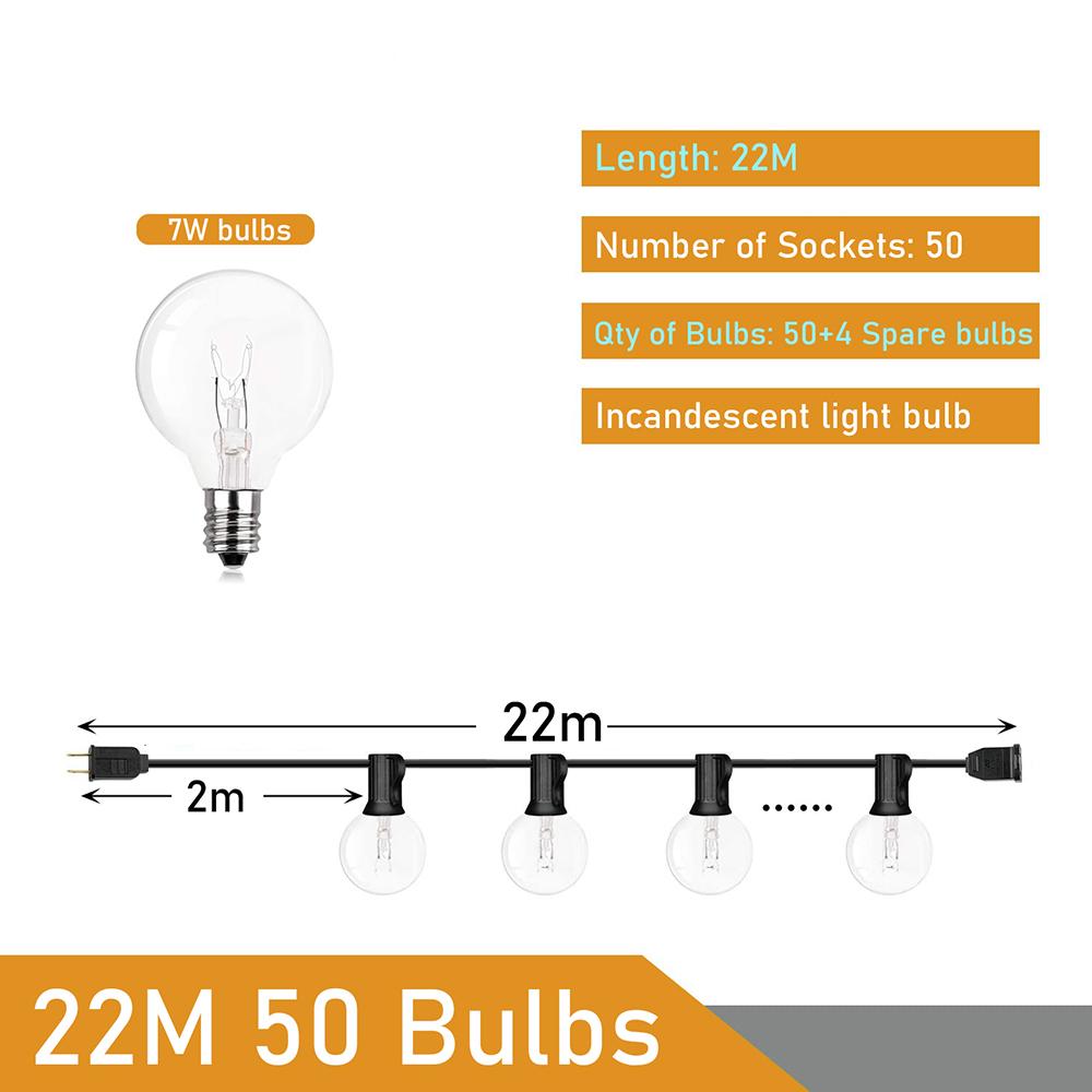 Warmweiß, 25 klare Glühbirnen, G40-Lichterkette, Globus, Party, Weihnachten, Lichterkette für Garten, Baum, Straße, Hochzeit, draußen, drinnen, Dezember