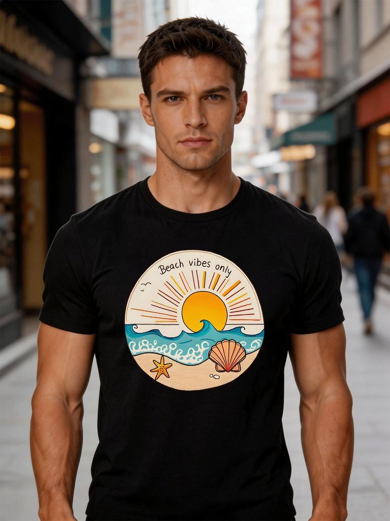 Unisex Crew Neck Cotton T Shirt Beach Vibes Only Sun Wave Graphic Print Short Sleeve Tops Loose Holiday Summer Tees For Young Male