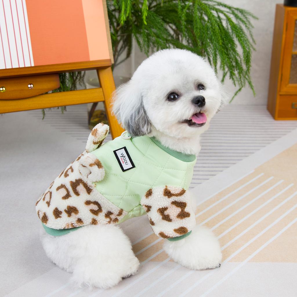 Pet Plush Coat Autumn/Winter Pet Clothing Dog Clothing Teddy Cat Clothing Leopard Pattern Splicing Leg Cotton Puppy Clothes