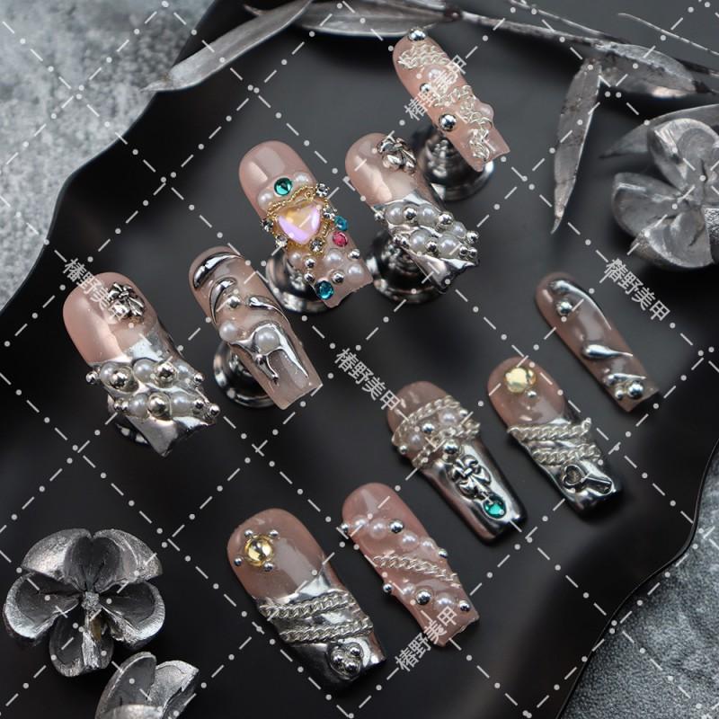 Cyberpunk Chic Press-On Nails With Pearl Crystal Embellishments Sheer Pink Base Handcrafted Acrylic Tips Women