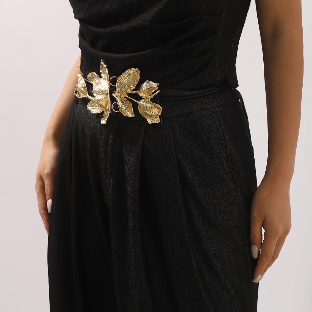 Vintage Tulip Waist Chain Large PU Leather Rope Belt Fashion Zinc Zinc Alloy Flower Belt  Pants