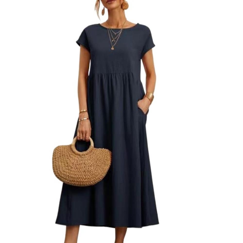 

GMXIA Женская мода лето весна однотонный принт с коротким рукавом и круглым вырезом повседневные платья L темно-синий