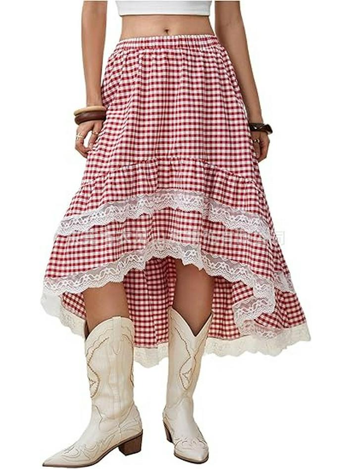 2026 Bohemian Style Printed Waist-Cinched Retro Short Skirt with Elegant Long Lace Design