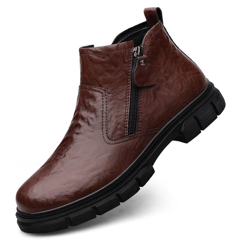 Men's British Style High-Top Leather Winter Boots with Velvet - Trendy Motorcycle Mid-Top Workwear.