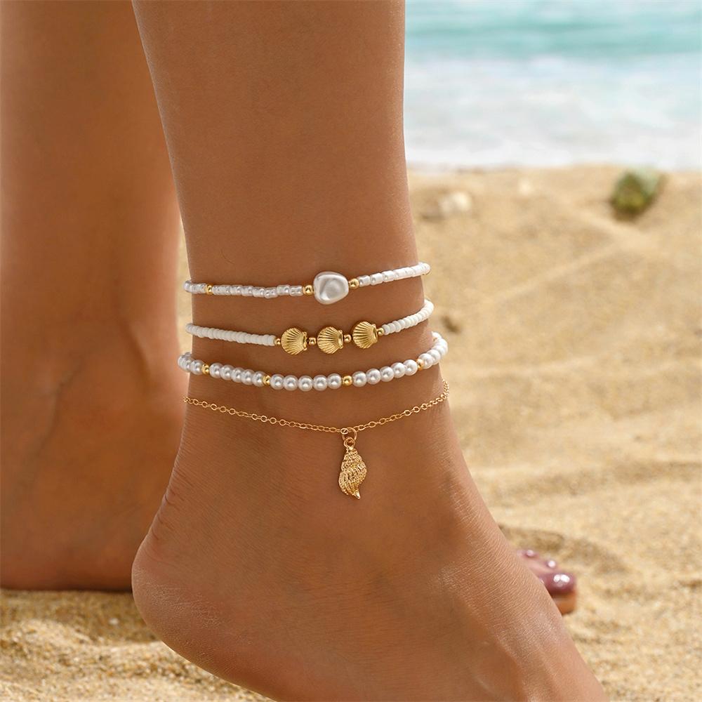 Shell Conch Pendant Foot Chains Sets Simulated Pearl Rice Beads Anklets For Women Gold Color Ankle Bracelet Summer Beach Jewelry