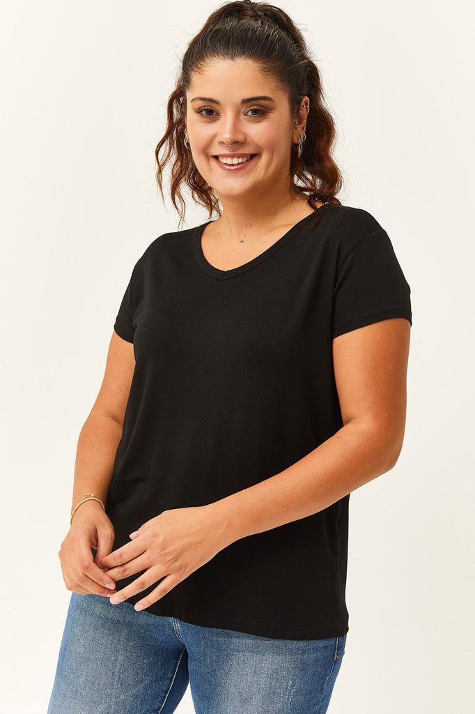 Damski styl Duży rozmiar T-shirt Plus rozmiar Dekolt w serek Podstawowa krótka koszulka z krótkim rękawem Czarny T-shirt