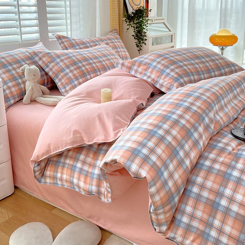 Soft Color Block Checkered Bedding Set Comfy 100% Washed Cotton Blue Plaid Duvet Cover Set King Queen Size Comforter Cover Sheet