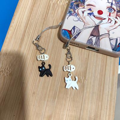 Cute Kitten Phone Charm, Black and White Cat and Fish Phone Chain Bag Accessory, Cute Earphone Case Charm