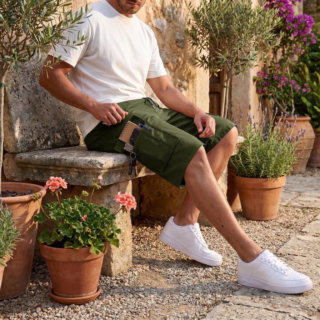 Men's Color Cargo Shorts with Elastic Waist and Drawstring - Multi-Pocket Lightweight Comfortable for Summer Casual