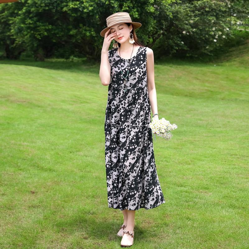 Summer  Women Plus Size Boho Dress Long Maxi Sundress Party Dress Elegant Vestidos Print O-neck High Waist Sleeveless