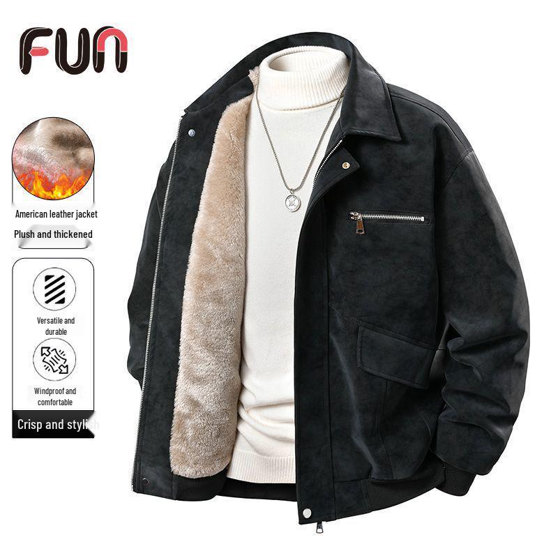 Men's American-Style Winter Leather Jacket with Fleece Lining – Solid, Warm, Windproof, Lapel, Loose Fit, Versatile.