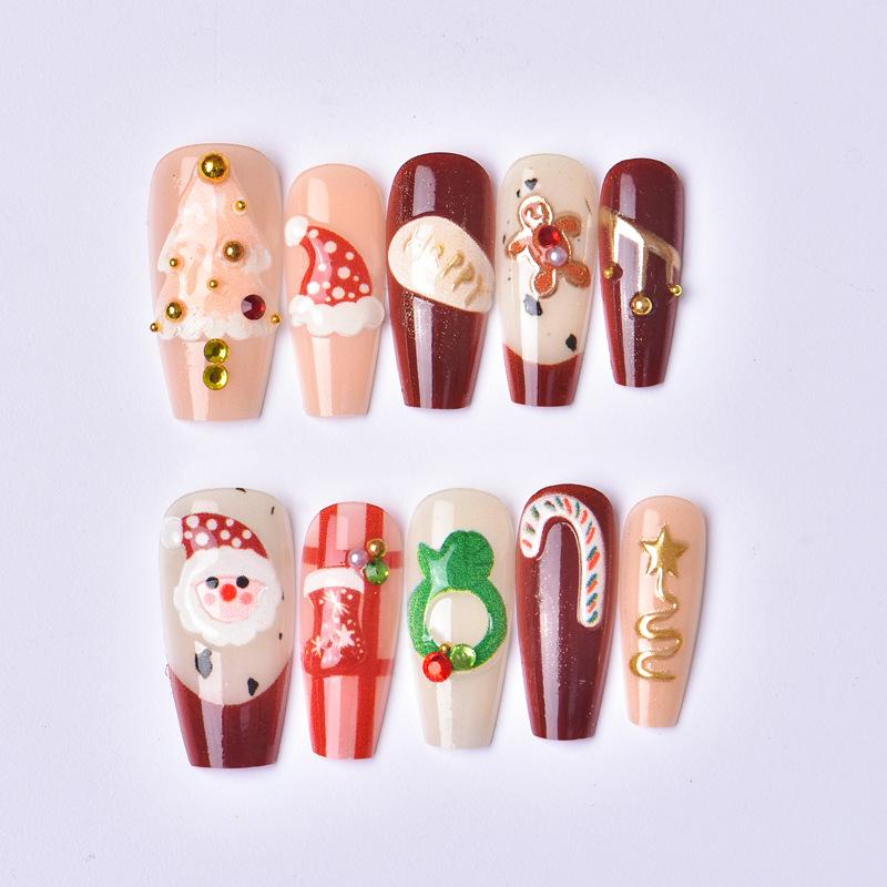 30 Pcs Cute Christmas Handmade Press On Nails Super Kawai Sweet Bow Bear Snowman Long Fake Nails Festival Nail Art Girl Gift