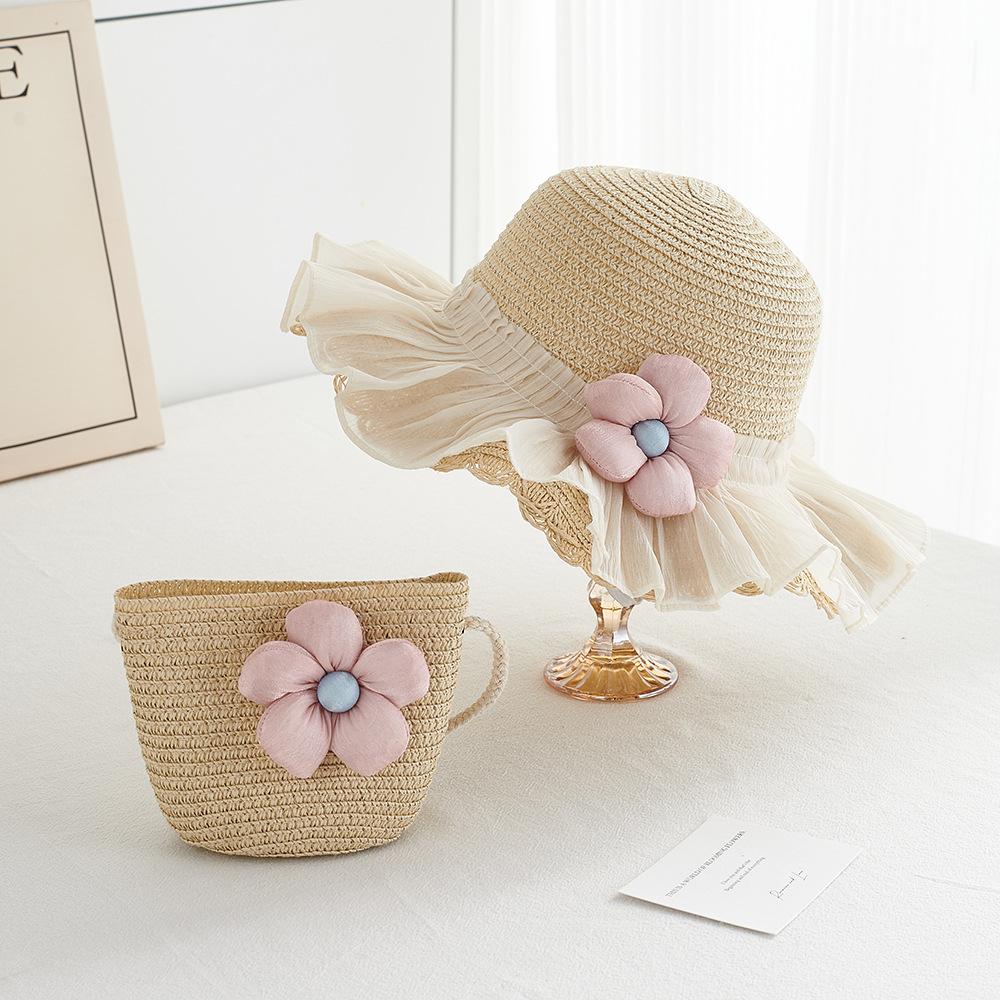 Girl Summer Straw Sun Hat And Bag 2pcs/set Breathable Wide Brim Beach Cap Children Girls Bucket Hat for Sun Protection