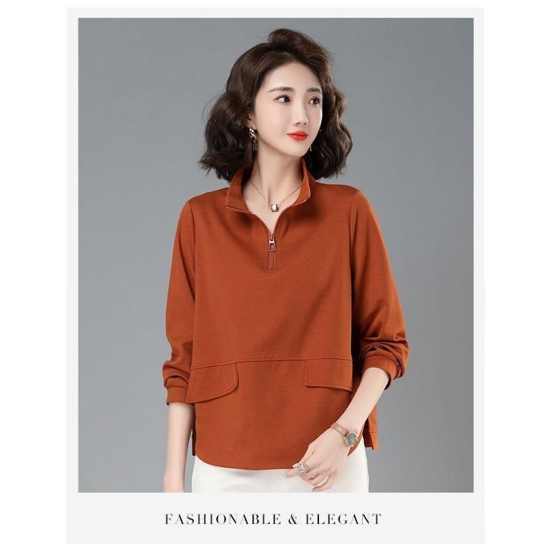 Reißverschluss Sweatshirt Damen Locker Falsche Tasche Oberteil Lässig Revers Einfarbig Vielseitig Unterhemd