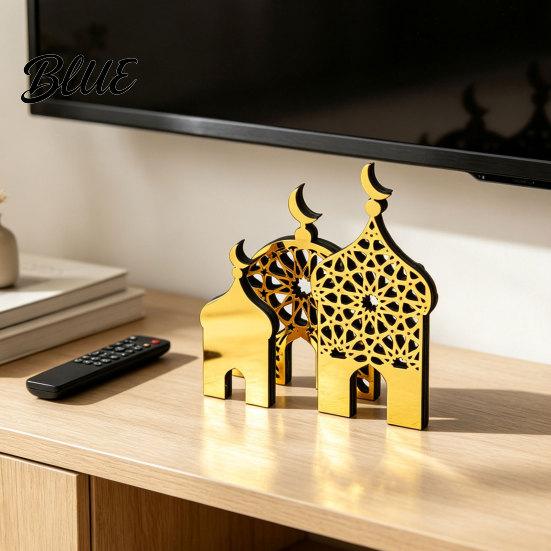 Ethnic Style Desktop Decor 3PCS Ramadan Golden Castle Ornament, Hollow Mosque Design, Thick Wood And Office Desk Decoration Acrylic Accents, Religious