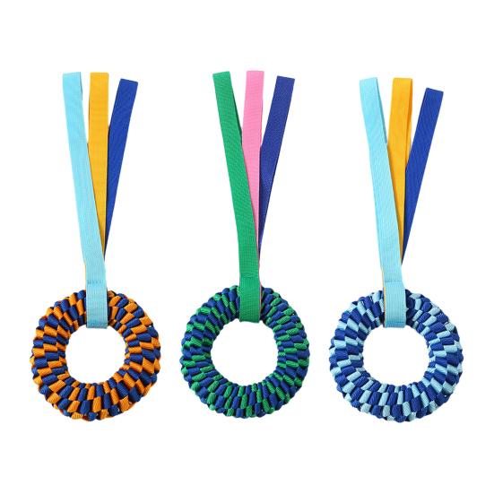 Pet Chewing Toy Donut Shape Toy with Woven Oxford Fabric Cotton Rope for Teeth Grinding Cleaning Massage Safe Braided Tug Toy for Dogs