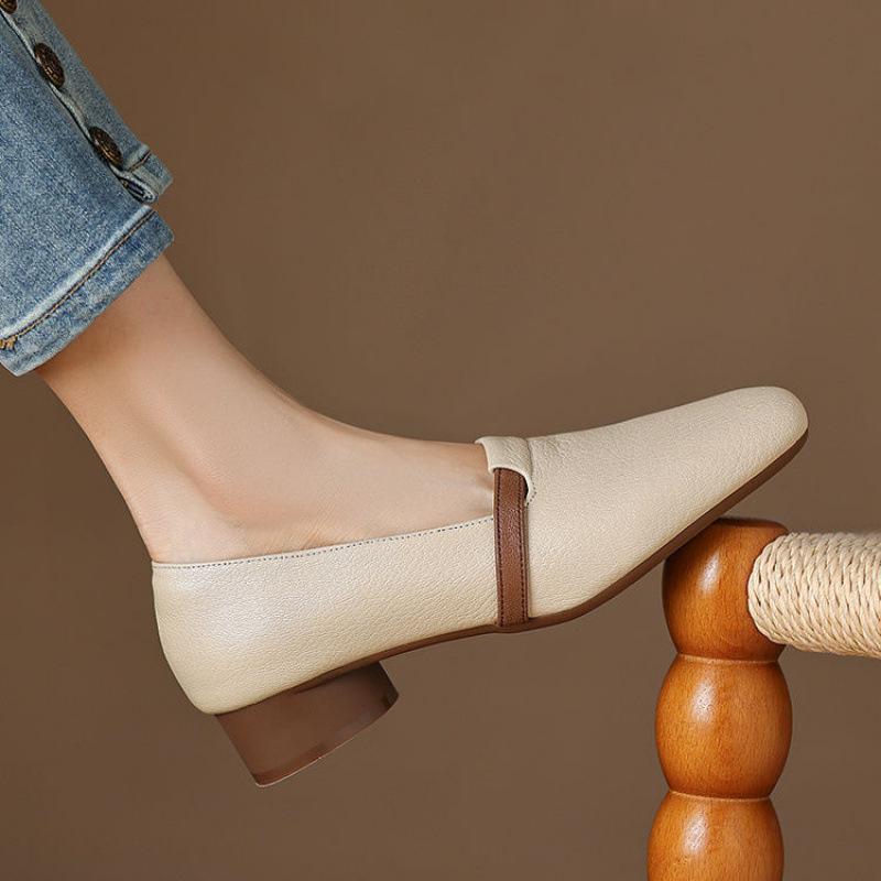 Sheepskin white square head loafers women's summer British small leather shoes low heel single shoes Doudou grandma ladyshoes soft sole