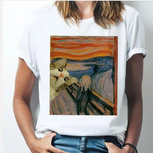 Oil Painting Cat Women's Fashion Personality Spoof Classic Oil Painting T-shirt Women Clothing Tops Harajuku Aesthetic Oversized