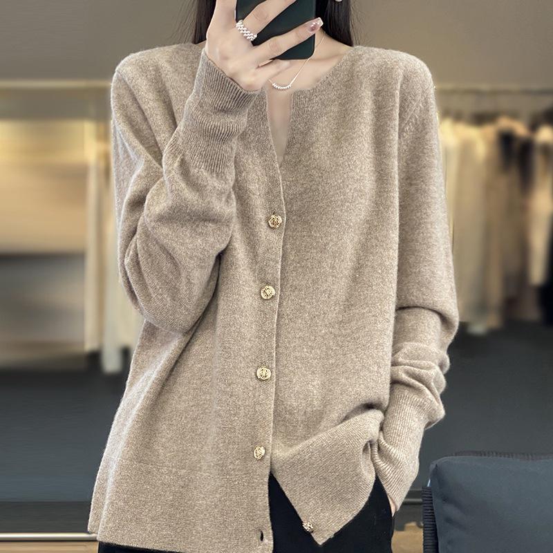2023 Women's Pure Wool V-Neck Cashmere Cardigan - Solid Color Knit, Loose Fit