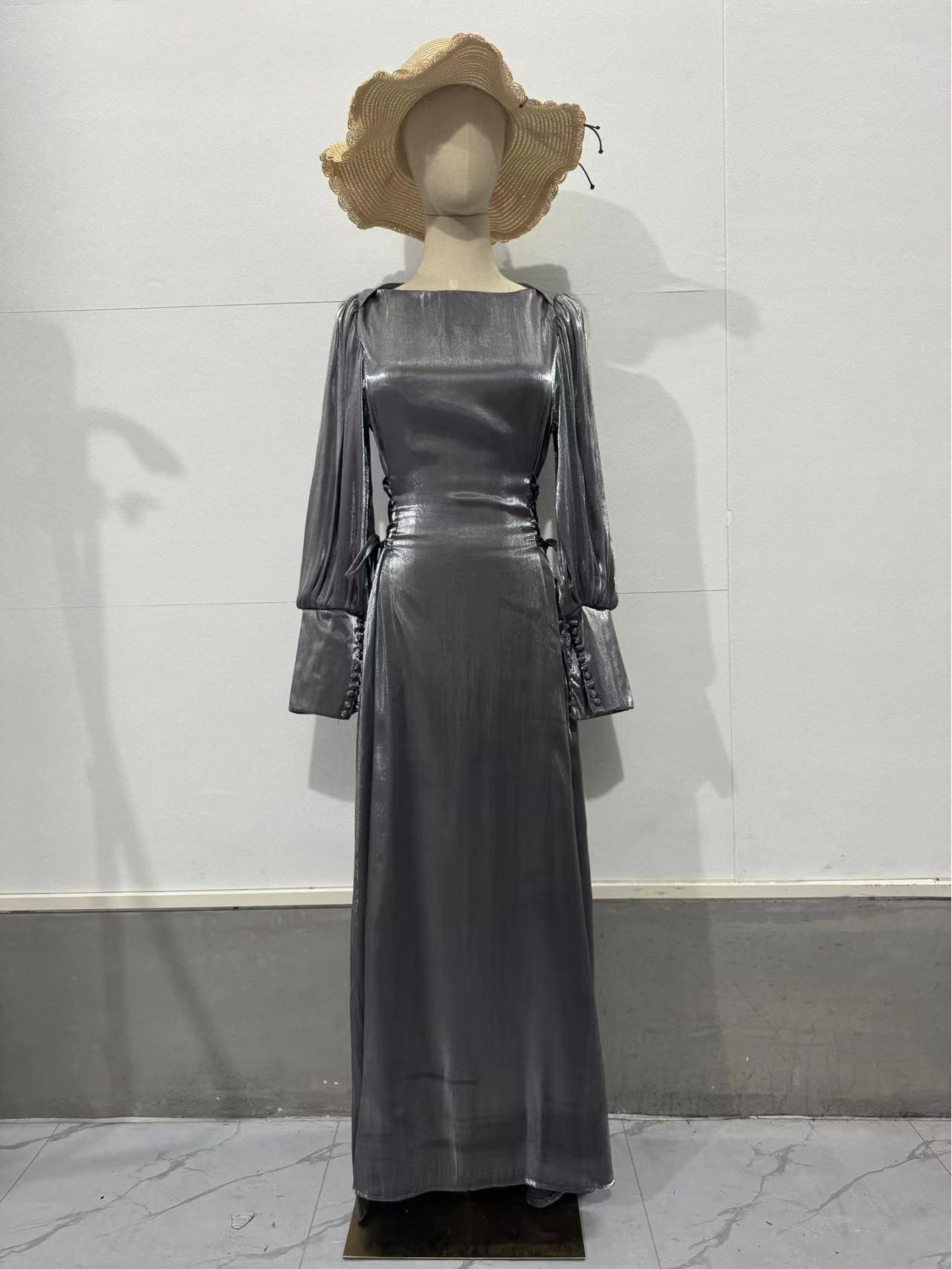 

2024 Autumn Lantern Sleeve Satin Tie-Up Long Slimming Dress for Women M