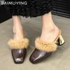 Fur Chunky Women Cotton Slippers Square Toe Short Plush Fad High Heels Mules Shoes 2025 Trend Winter Sexy Pumps Femme Chaussures