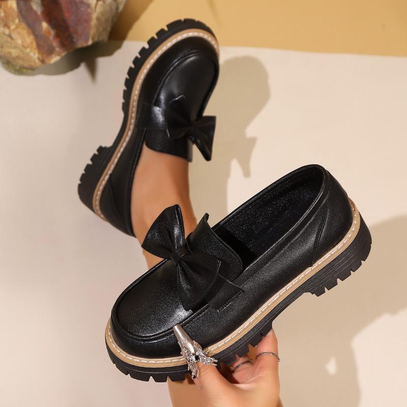 Fashion British Style Women's Flats Butterfly Knot Thick Bottom Slip-On Loafers Round Toe Casual Shoes Solid Color Women's Loafers