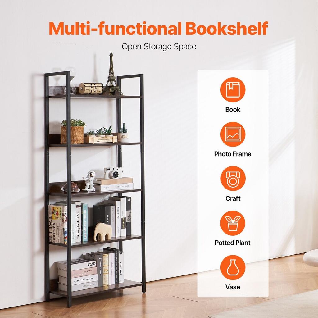 Metal Bookshelf Open Bookshelf 5-Tier for Living Room Bedroom & Office