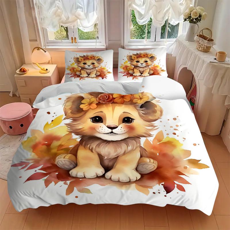 3pcs Lovely Little Lion Print Cover Set Ultra Soft, Breathable, and Comfortable Bedding with Stylish Design for Bedroom and Guest Room Decor 1 Co